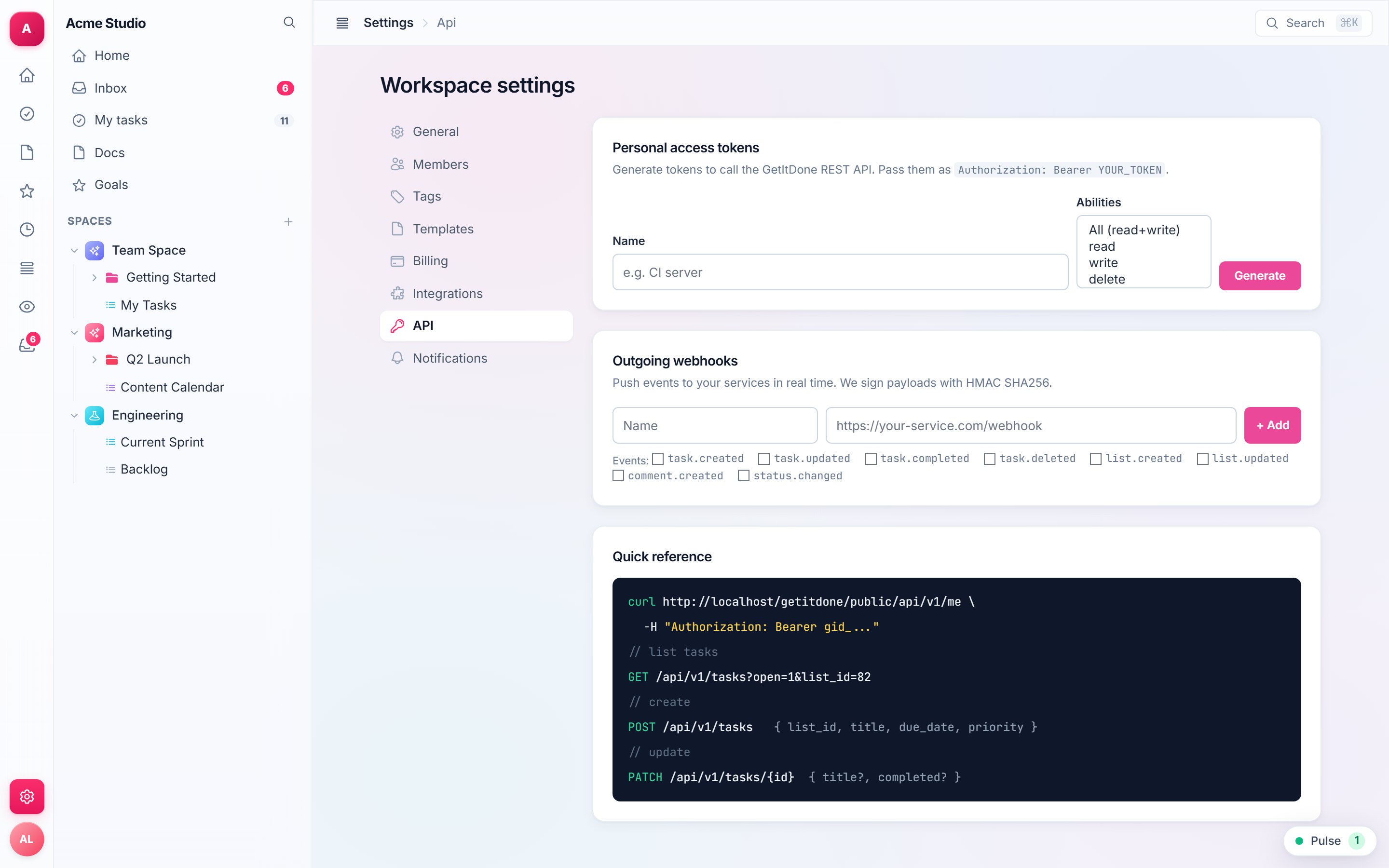 API settings
